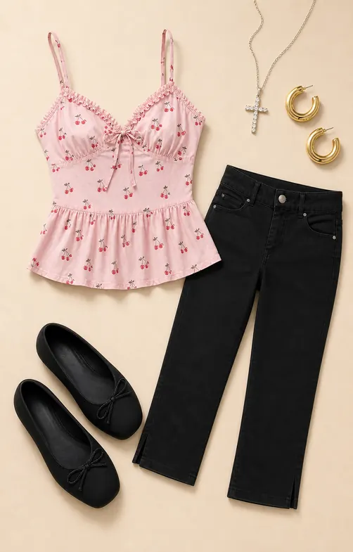 Cherry Peplum Fan Chant K-pop outfit flatlay with Good Luck Cherry Land Peplum Cami, Bliss Mid-Rise Capri Pant, Lucy Satin Ballet Flats, Like A Prayer Rhinestone Cross Necklace, Clean Medium Tube Hoop Earring