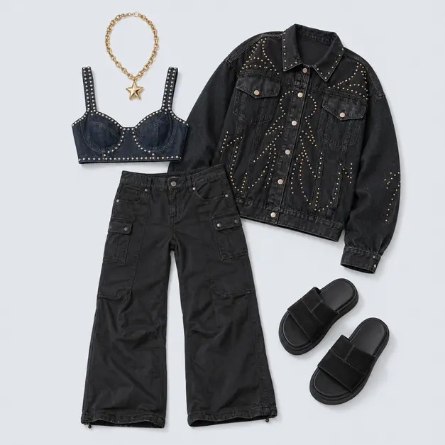 Denim Bra Barricade K-pop outfit flatlay with In The Cut Studded Denim Bra Top, Ricki Studded Faux Leather Trim Oversized Denim Jacket, 360 Utility Low-Rise Straight Leg Pant, Caliope Slide Sandal, Waterproof Puffy Star 