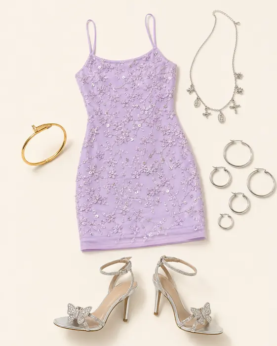 Encore Butterfly Chaos K-pop outfit flatlay with Riviera Bloom Cami Beaded Mini Dress, Maria Rhinestone Cross Charm Necklace, Waterproof Thin Hoop Earring Set, Nailed It Hinged Bracelet, Margareta Rhinestone Butterfly He
