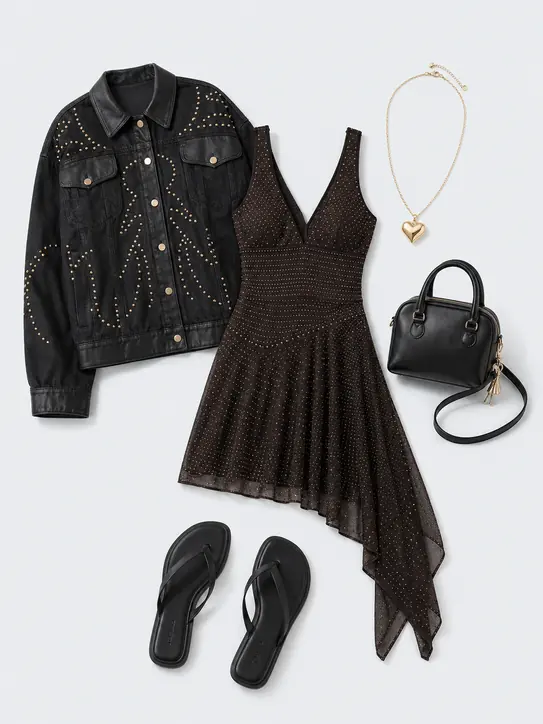 Heart Chain Main Character K-pop outfit flatlay with Be My Darling Studded Mesh Asymmetric Mini Dress, Ricki Studded Faux Leather Trim Oversized Denim Jacket, Izzy Thong Sandal, Exclusive Big Heart Chain Necklace, Bette 