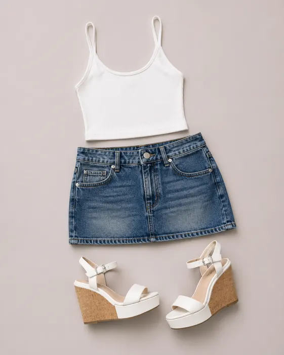 Micro Mini Mic Drop K-pop outfit flatlay with Onna Denim Micro Mini Skirt, Off-Duty Ribbed Scoop Neck Cami, Jackie Platform Wedge Sandal