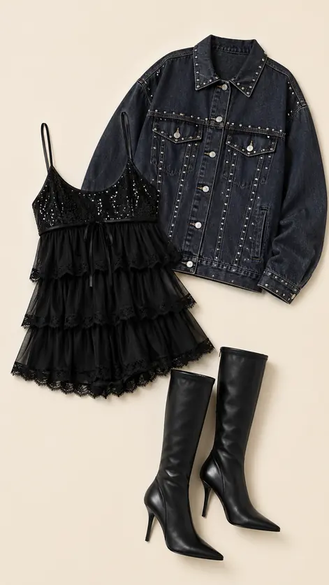 Ruffle Romper Riot K-pop outfit flatlay with Tiered And Tied Ruffle Babydoll Romper, Micah Studded Oversized Denim Jacket, Billie Tall Stretch Boot