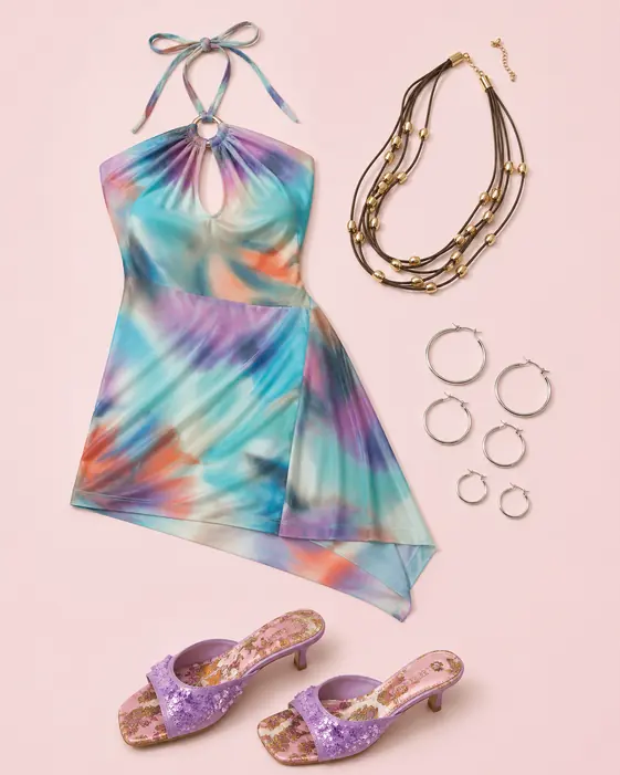 Swirl Before The Screaming K-pop outfit flatlay with Shore Thing Swirl O-Ring Halter Neck Mini Dress, Juliana Sequin Mule Heel, Downtown Layered Corded Necklace, Waterproof Thin Hoop Earring Set