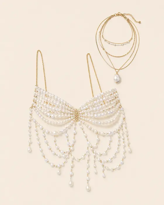 Tiny Bra Top Big Bias K-pop outfit flatlay with Vivian Beaded Bra Top, Addison Chain Layering Necklace Stack