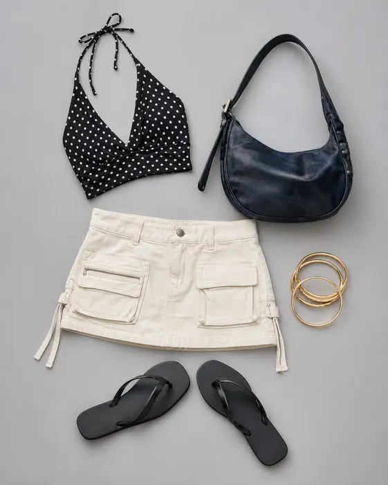 Utility Skirt Queue Boss K-pop outfit flatlay with Trail Star Utility Mini Skirt, Bec Plunging Surplice Cropped Cami, Slim Square Flip Flop Sandal, Tube Bangle Pack, Cindy Shoulder Bag