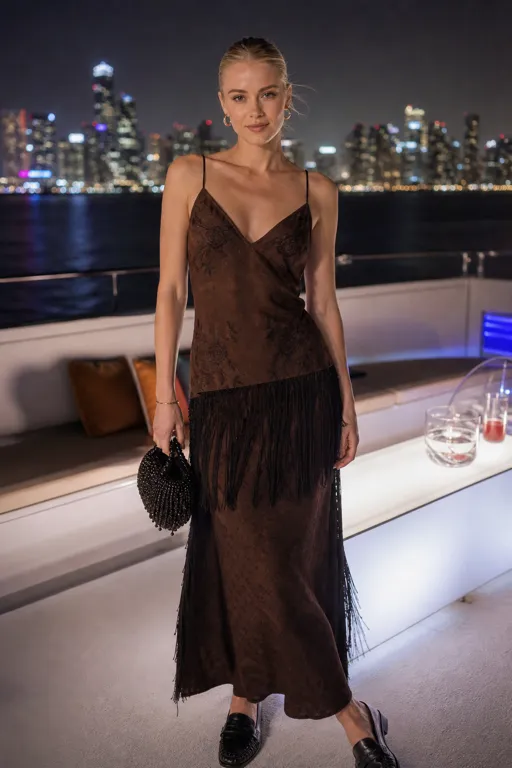 Midnight Waterfront Elegance party outfit featuring a chocolate fringe dress