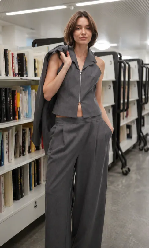 Modern Power Ease outfit featuring a structured vest and balloon pants