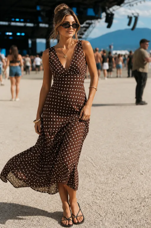 Nellie Maxi Gold Stack outfit featuring brown polka dot maxi dress