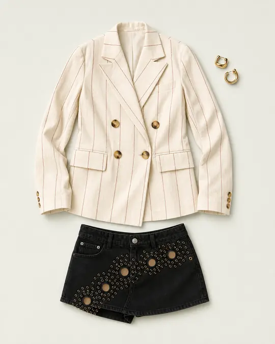 Blazer With Skort Evidence office outfit flatlay with Dean Double-Breasted Blazer, Heather Ear Cuff Set, Gallivanting Peekaboo Skort