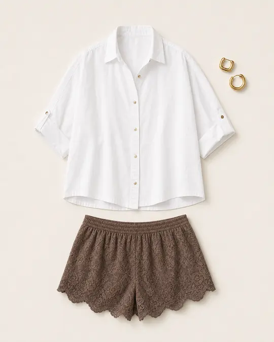 Button Down Heard A Rumor office outfit flatlay with Seaside Cotton Button Down, Heather Ear Cuff Set, FP One Free Spirit Lace Micro Shorts