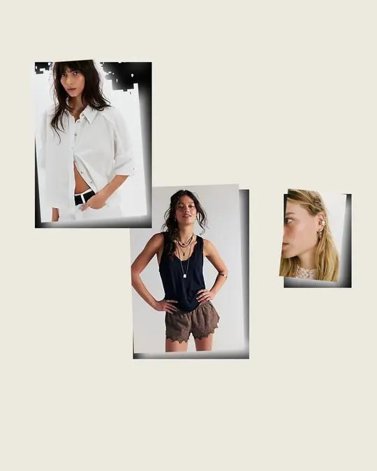 Button Down Heard A Rumor office outfit flatlay with Seaside Cotton Button Down, Heather Ear Cuff Set, FP One Free Spirit Lace Micro Shorts
