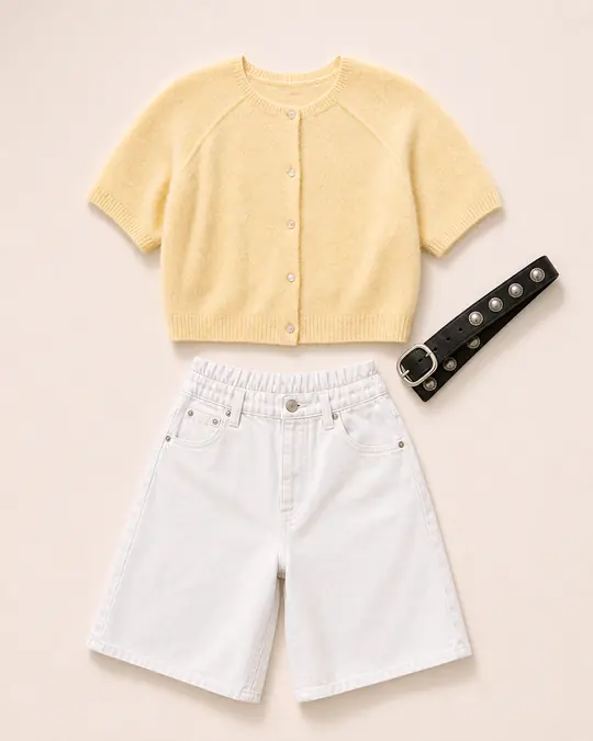 Cardigan Took A Half Day office outfit flatlay with See Me SoftSpun Cardigan, Rhodes Stud Belt, Montana Shorts
