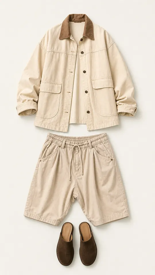 Lemon Jacket Lunch Meeting office outfit flatlay with Lemon Denim Jacket, VIBAe Roma Mules, Sage Harem Shorts