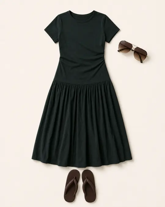 Marcella Midi Sunglasses Indoors office outfit flatlay with Marcella Midi Dress, Ventura Oversized Aviator Sunglasses, Perfect Stranger Thong Sandals