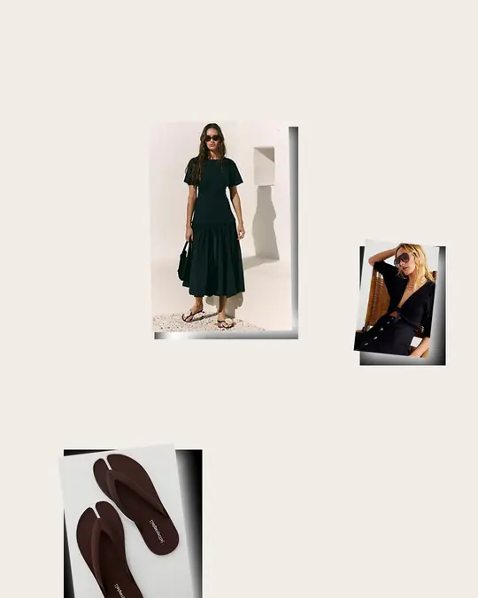 Marcella Midi Sunglasses Indoors office outfit flatlay with Marcella Midi Dress, Ventura Oversized Aviator Sunglasses, Perfect Stranger Thong Sandals
