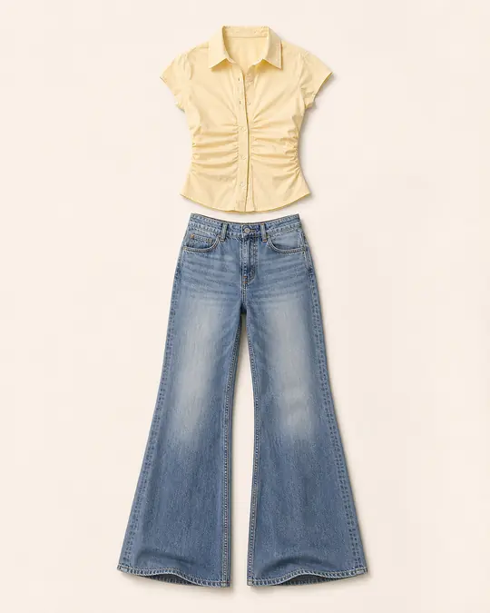 Maude Tiny Top Has Minutes office outfit flatlay with Maude Tiny Top, West Coast Relaxed Flare Jeans