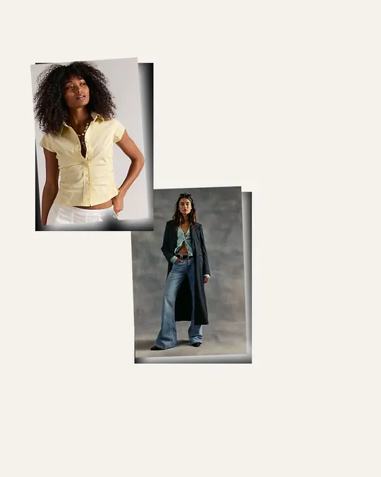 Maude Tiny Top Has Minutes office outfit flatlay with Maude Tiny Top, West Coast Relaxed Flare Jeans