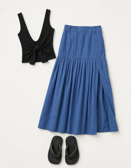 Maxi Skirt Meeting Escape office outfit flatlay with 53rd Street Tailored Maxi Skirt, Round Two Pique Low-Back Tank, Flying Private Flip Flops