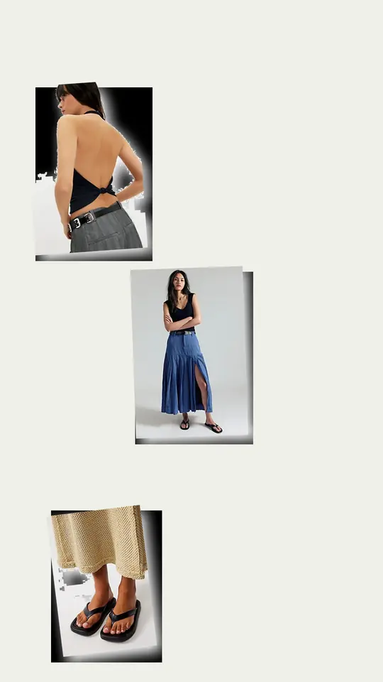 Maxi Skirt Meeting Escape office outfit flatlay with 53rd Street Tailored Maxi Skirt, Round Two Pique Low-Back Tank, Flying Private Flip Flops