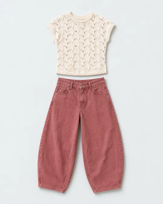Melvin Knit Desk Detour office outfit flatlay with Melvin Knit Tee, Good Luck Mid-Rise Barrel Jeans