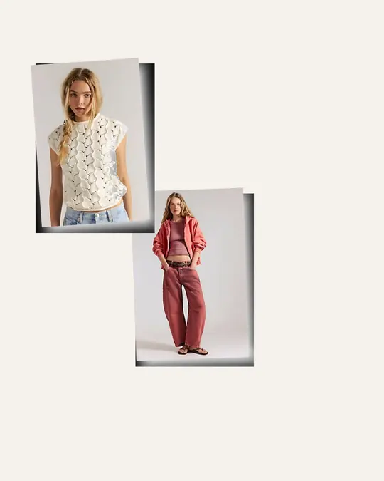 Melvin Knit Desk Detour office outfit flatlay with Melvin Knit Tee, Good Luck Mid-Rise Barrel Jeans