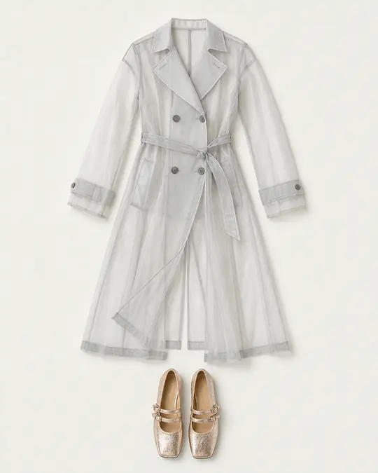 Organza Trench Calendar Mystery office outfit flatlay with Nigel Preston Organza Trench, Gemini Ballet Flats