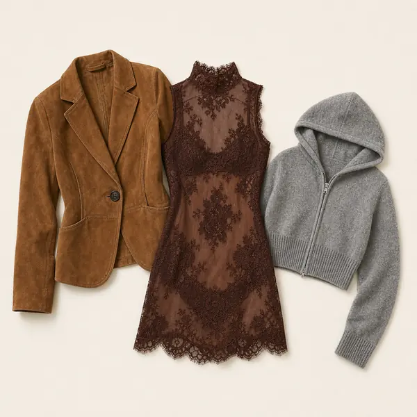 Suede Blazer After Lunch office outfit flatlay with Whip Smart Suede Blazer, One More Time Mini Slip Dress, Fran Cashmere Hoodie