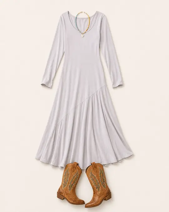 Tatiana Maxi Desk Drama office outfit flatlay with Tatiana Maxi Dress, Studio Dixie Blue Crush Necklace, Willa Western Boots
