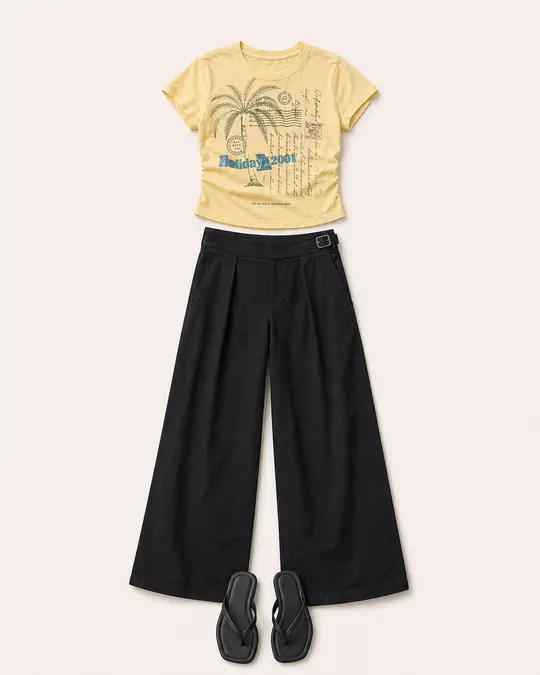 Wide-Leg Trousers Deadline Dodger office outfit flatlay with Buckle Up Trousers, Daydreamer Postcards Burnout Vintage Baby Tee, Vagabond Izzy Thong Sandals