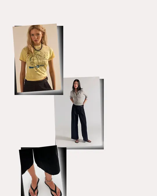Wide-Leg Trousers Deadline Dodger office outfit flatlay with Buckle Up Trousers, Daydreamer Postcards Burnout Vintage Baby Tee, Vagabond Izzy Thong Sandals