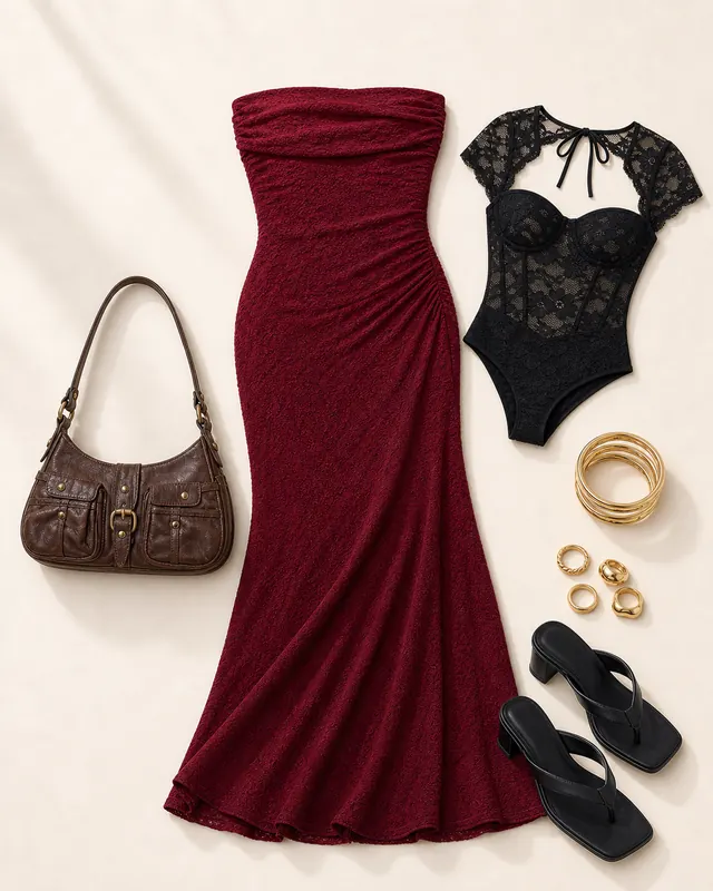 Allured Burgundy Afterparty Math prom outfit flatlay with Allured Strapless Maxi Dress Burgundy, The Mona Heels Black, Doyers Street Shoulder Bag Brown, Hold My Breath Lace Bodysuit Black, Kelsie Bracelet Pack Gold, Medo