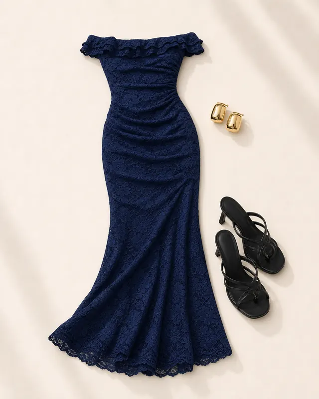Anabeila Frill Entrance Fee prom outfit flatlay with Anabeila Strapless Frill Maxi Dress Navy, Billini Samba Heels Black, Lysandra Earrings Gold