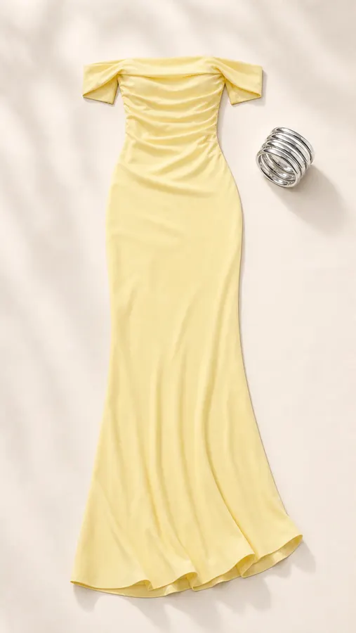 Azura Yellow Wrist Committee prom outfit flatlay with Azura Off The Shoulder Maxi Dress Yellow, Dapperton Bangle Set Silver