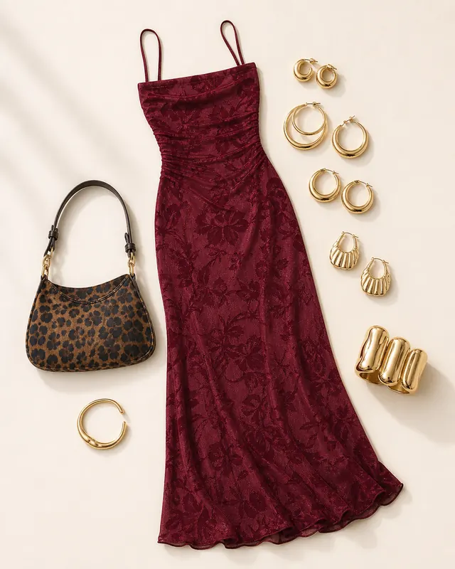 Celena Burgundy Group Chat prom outfit flatlay with Celena Maxi Dress Burgundy Burnout, Cheeky Shoulder Bag Leopard, True Paradise Earrings Gold, Clay Bracelet Gold, Lights Low Earrings Gold, Hot Gossip Cuff Set Gold