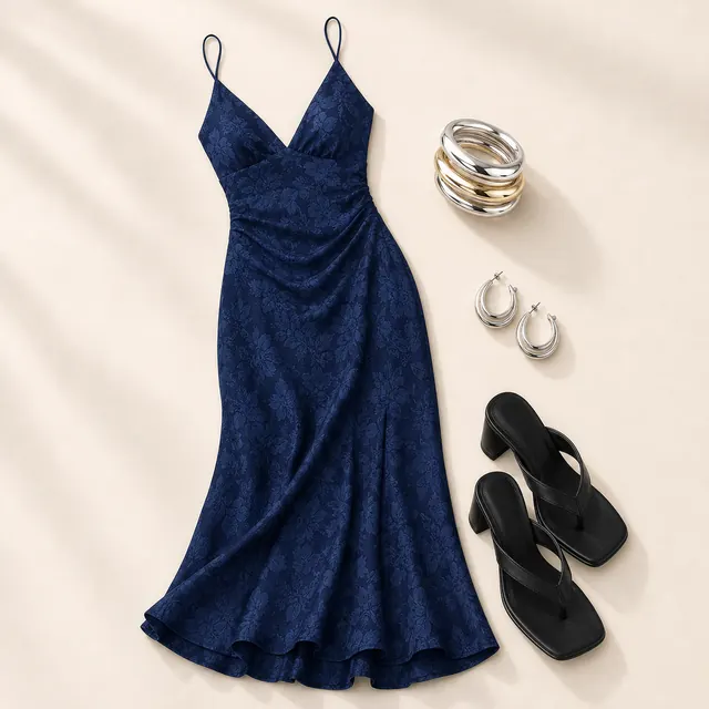 Cyrene Navy Heel Clause prom outfit flatlay with Cyrene Maxi Dress Navy, The Mona Heels Black, Softer Side Bangle Pack Silver / Gold, True Paradise Earrings Silver