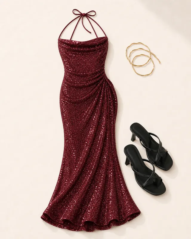 Engracia Sequin Wrist Drama prom outfit flatlay with Engracia Sequin Maxi Dress Burgundy, Billini Samba Heels Black, Jazzy Bracelet Pack Gold