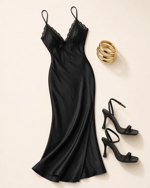 Fadyen Black Curfew Theory prom outfit flatlay with Fadyen Bias Cut Maxi Dress Black, Infinity Heels Black, Farley Bangle Pack Gold