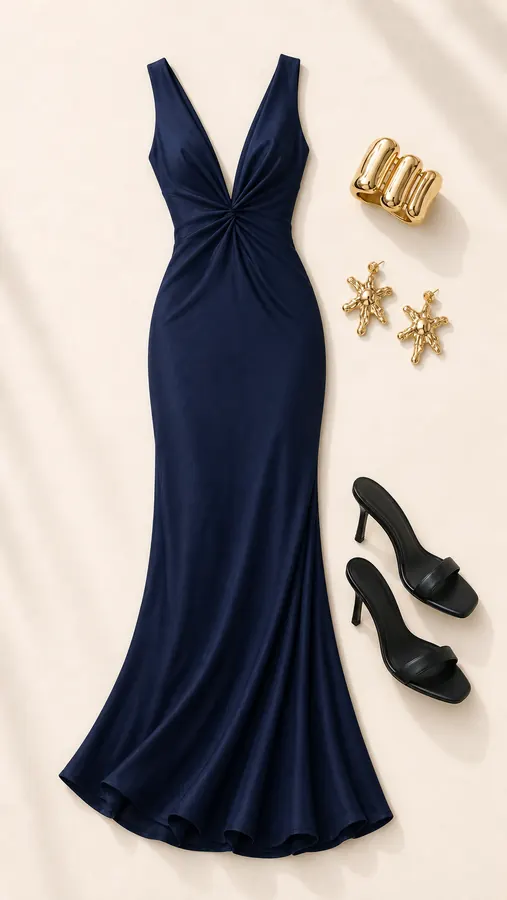 Frederica Navy Compliment Trap prom outfit flatlay with Frederica Plunge Maxi Dress Navy, Hot Gossip Cuff Set Gold, Caroline Heels Black, Impeccable Earrings Gold