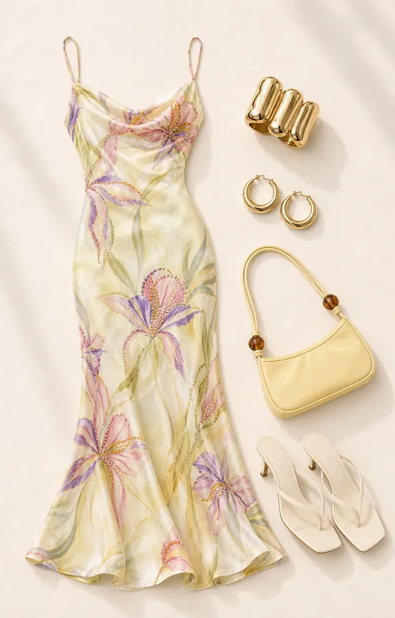 Isakaia Floral Photo Evidence prom outfit flatlay with Isakaia Beaded Maxi Dress Floral / Multi, Sophia Heels Cream, Leightyn Shoulder Bag Yellow, Hot Gossip Cuff Set Gold, The Valley Hoops Gold