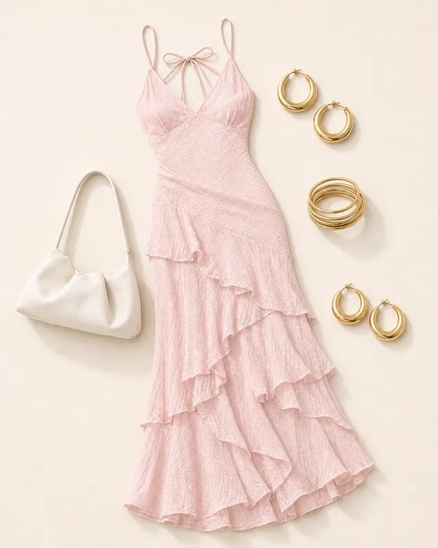 Lyricah Pink Table Plan prom outfit flatlay with Lyricah Tiered Tie Back Maxi Dress Pink, The Valley Hoops Gold, Kelsie Bracelet Pack Gold, Just Peachy Shoulder Bag White, Raskin Hoop Earrings Gold