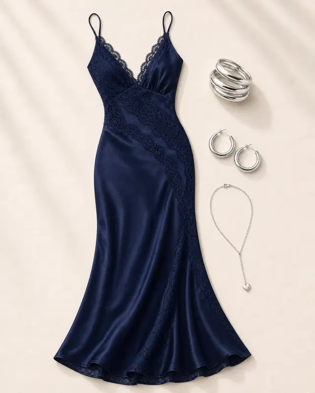 Madelene Lace Silver Agenda prom outfit flatlay with Madelene Lace V Neck Maxi Dress Navy, Farley Bangle Pack Silver, The Valley Hoops Silver, Change Is Good Necklace Silver