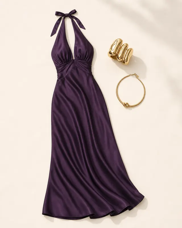 Odyssa Purple Prom Plot prom outfit flatlay with Odyssa Halter Maxi Dress Purple, Hot Gossip Cuff Set Gold, Most Wanted Knot Detail Necklace Gold