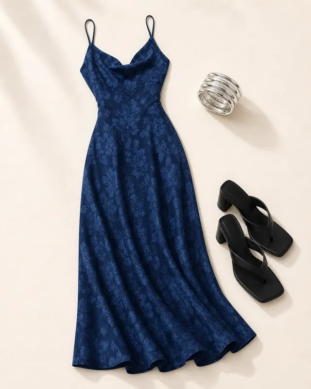 South Of France Stair Moment prom outfit flatlay with South Of France Maxi Dress Navy, The Mona Heels Black, Farley Bangle Pack Silver