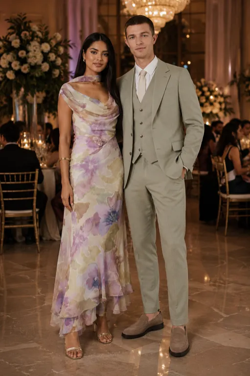Romantic Pastel Engagement Evening Look outfit