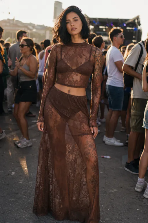 Sheer Cocoa Festival Chic outfit with brown lace set