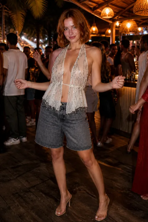 Sheer Spark Beach Club Nights outfit with sequin top and denim shorts