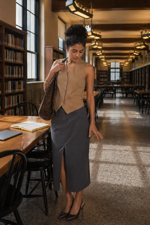 Smart Casual Tailoring outfit featuring a beige vest and gray midi skirt