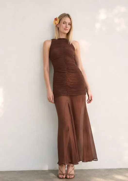 Soft Minimal Brown Elegance vacation outfit featuring a chocolate maxi dress