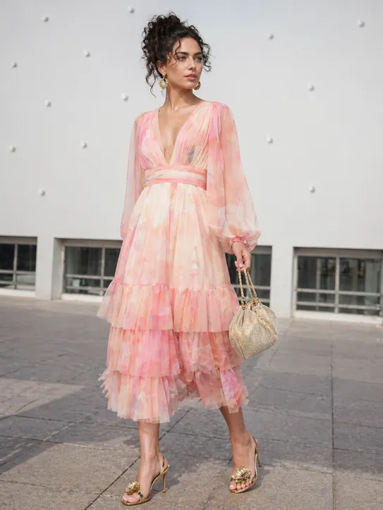 Modern Romantic Statement outfit featuring a pink floral tulle dress, gold diamante grab bag, and gold floral sandals.