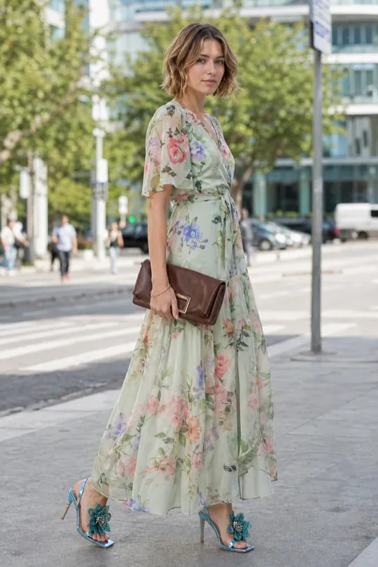 Romance Meets City Edge outfit featuring a mint green floral maxi dress, chocolate clutch, and turquoise floral heels.